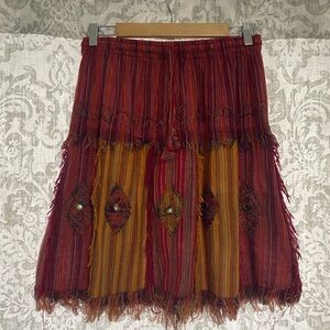Shop Therapy 100% Cotton Fringe Boho Artsy Hippie Festival Skirt Red Gold S